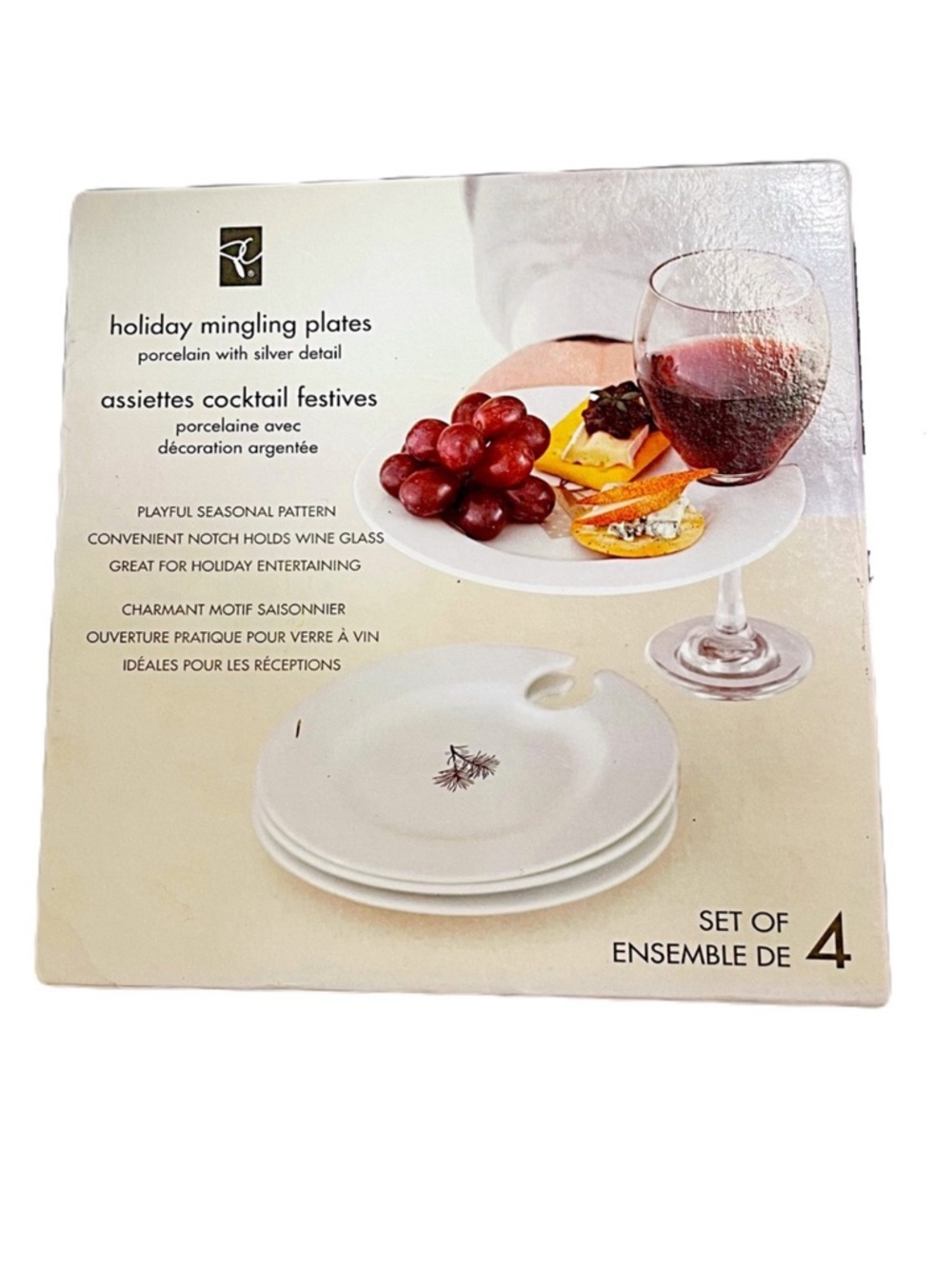 🆕 PC Holiday Mingling Plates -Set of 4 – Porcelain with Silver Detail